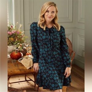 NWT Draper James Teal Floral on Black Tie Neck Flounce Shift Dress Size XL